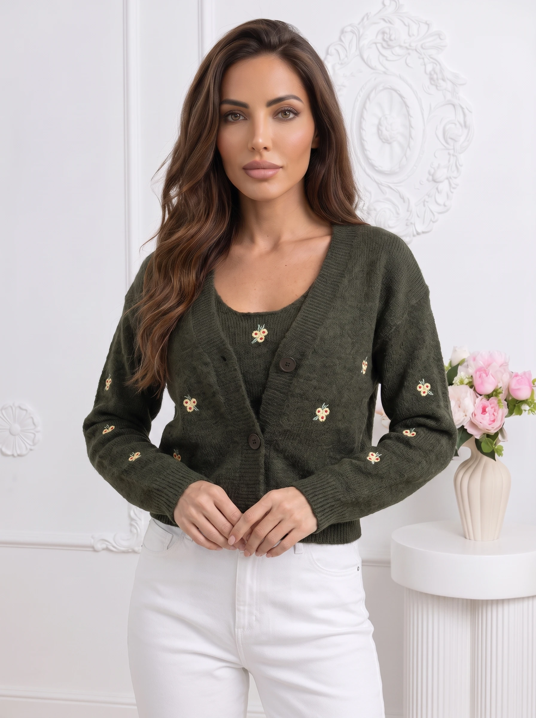 Cardigan floral din tricot fin cu maieu inclus