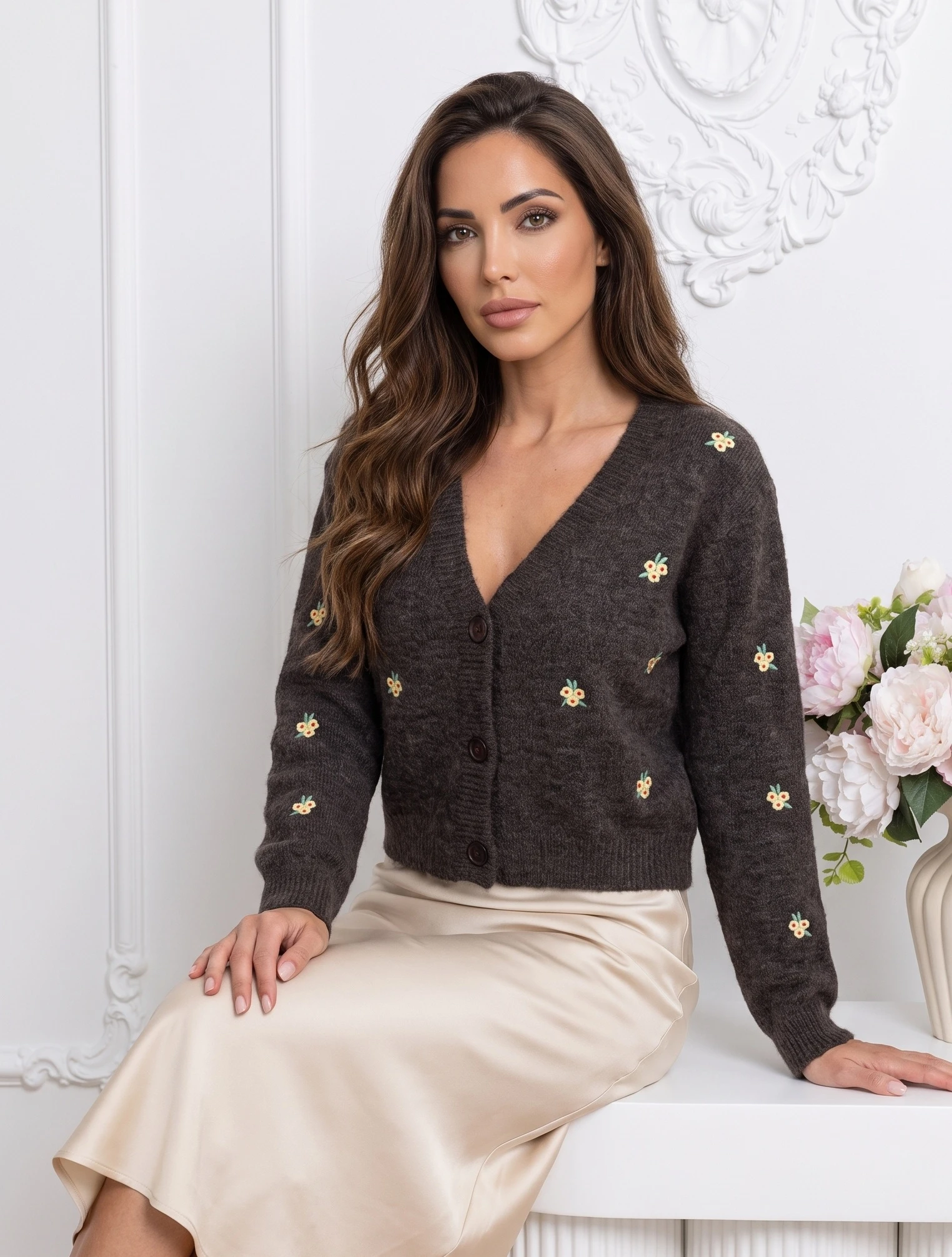 Cardigan floral din tricot fin cu maieu inclus
