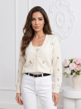 Cardigan floral din tricot fin cu maieu inclus