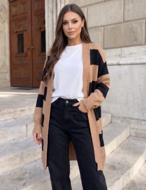 Cardigan lung din tricot fin cu dungi late contrastante
