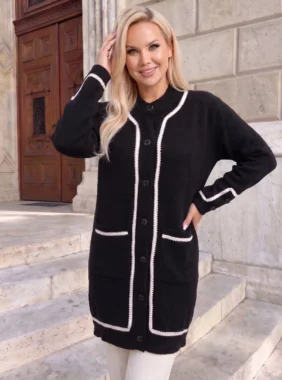 Cardigan lung elegant din tricot fin cu paspoal contrastant