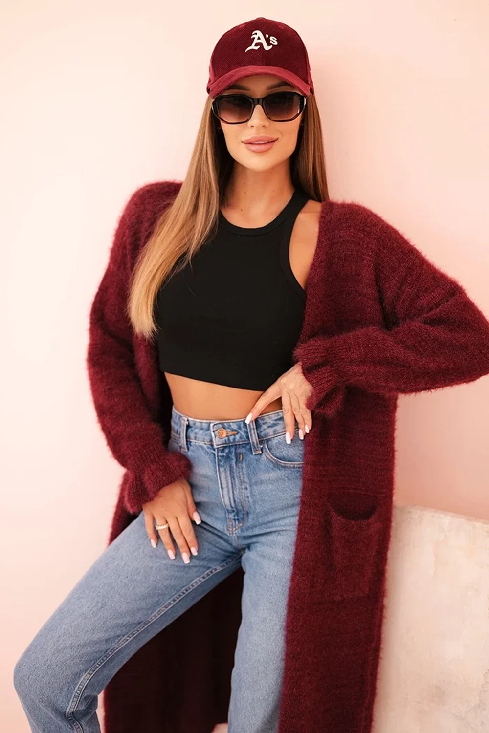 Cardigan lung pufos bordo cu man...
