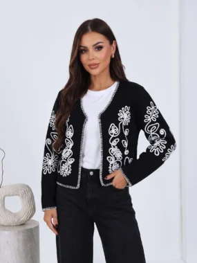 Cardigan scurt din tricot cu broderie etno-florala