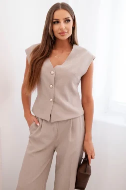 Compleu bej elegant cu vesta si pantaloni cu croi larg