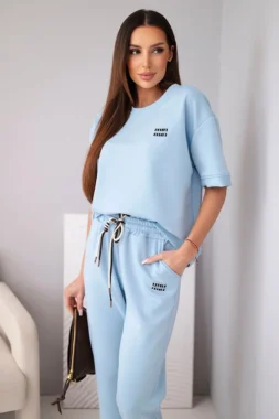 Compleu bleu din vascoza cu top cu maneca scurta si pantaloni cu snur