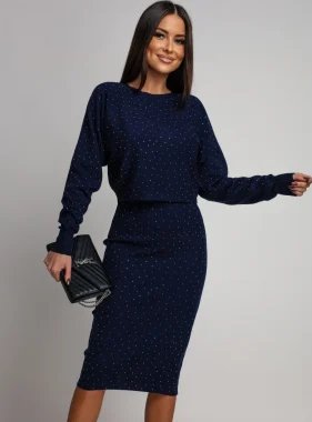 Compleu bleumarin cu strasuri format rochie si bluza