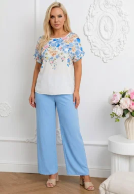 Compleu dama bleu format din bluza cu imprimeu floral si pantaloni wide-leg