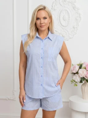 Compleu dama din bumbac in dungi format din camasa fara maneci si pantaloni scurti