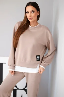 Compleu dama din vascoza bej cu bluza lejera si pantaloni comozi