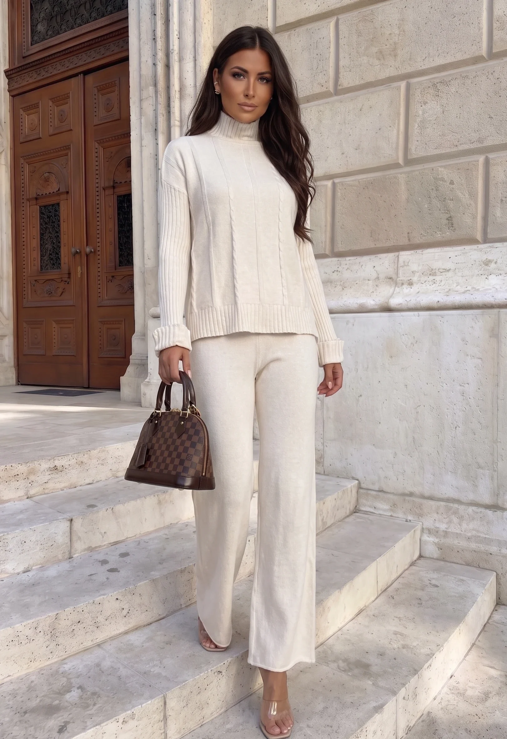 Compleu dama ivory tricotat cu p...