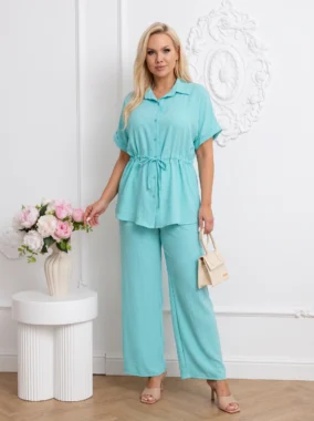 Compleu elegant din vascoza cu camasa cu snur reglabil si pantaloni