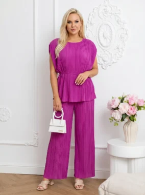 Compleu elegant marime mare plisat magenta