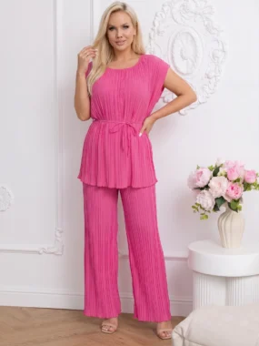 Compleu elegant plisat roz cu cordon in talie
