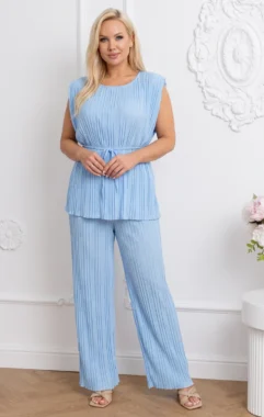 Compleu elegant plisat bleu cu cordon in talie