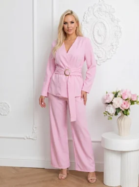 Compleu elegant roz din doua piese cu sacou petrecut si pantaloni