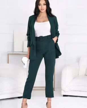 Compleu elegant verde inchis cu sacou lejer si pantaloni cu talie inalta