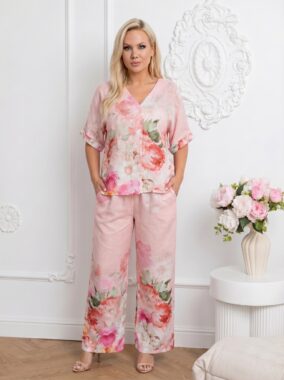 Compleu lejer din bumbac roz cu imprimeu floral