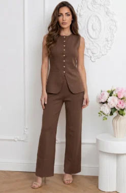 Compleu maro format din vesta eleganta cu nasturi aurii si pantaloni drepti