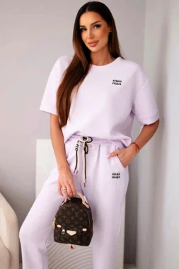 Compleu mov din vascoza cu top cu maneca scurta si pantaloni cu snur