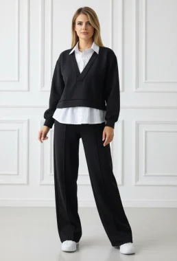 Compleu negru elegant cu pantaloni evazati si bluza cu guler si baza tip camasa