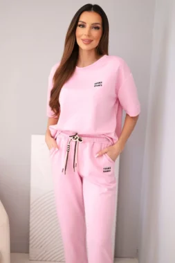 Compleu roz din vascoza cu top cu maneca scurta si pantaloni cu snur