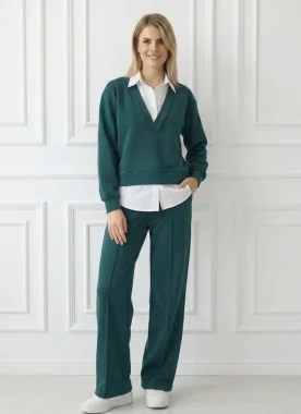 Compleu verde elegant cu pantaloni evazati si bluza cu guler si baza tip camasa