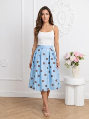 Fusta eleganta bleu cu buline si talie inalta