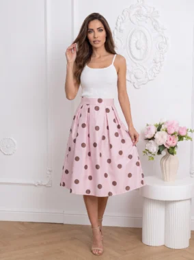 Fusta eleganta roz cu buline si talie inalta