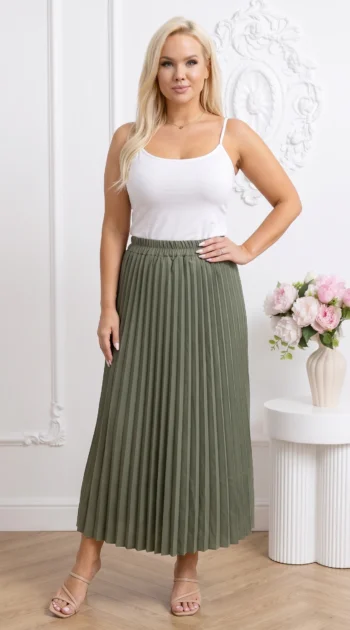 fusta-lunga-plisata-kaki-cu-talie-elastica