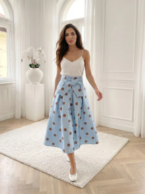 fusta-midi-bleu-cu-buline-si-funda-in-talie