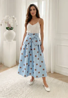 Fusta midi bleu cu buline si funda in talie