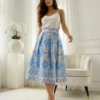 fusta-midi-bleu-cu-imprimeu-geometric-abstract-si-talie-inalta