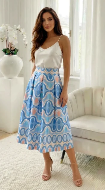 fusta-midi-bleu-cu-imprimeu-geometric-abstract-si-talie-inalta