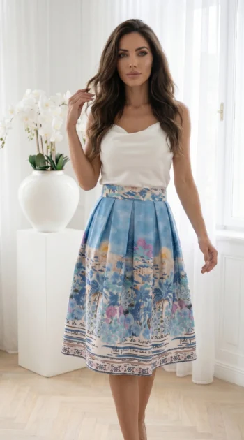 fusta-midi-bleu-cu-imprimeu-peisaj-mediteranean-si-talie-elastica