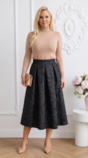 fusta-midi-clos-din-jacquard-texturat-cu-buzunare-laterale