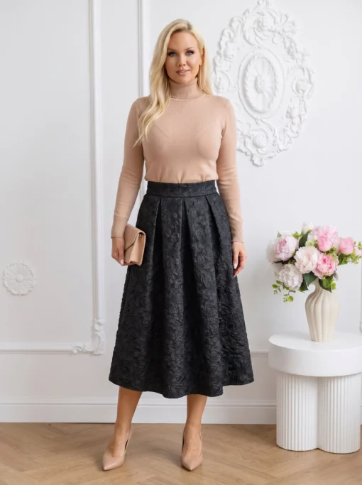 fusta-midi-clos-din-jacquard-texturat-cu-buzunare-laterale