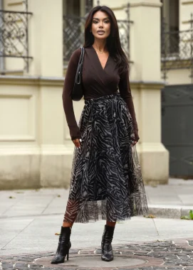 Fusta midi din tull cu imprimeu animal print alb-negru