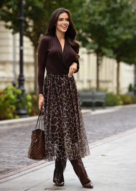Fusta midi din tull cu imprimeu animal print maro