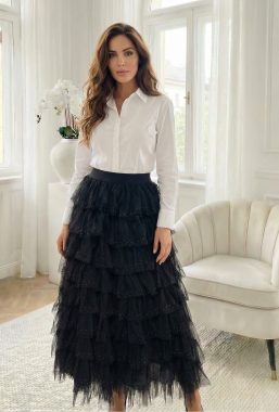 Fusta midi din tulle negru cu volane si detalii discrete
