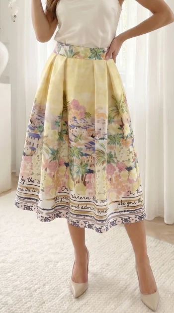 fusta-midi-galben-pai-cu-imprimeu-peisaj-mediteranean-si-talie-elastica
