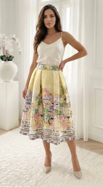 fusta-midi-galben-pai-cu-imprimeu-peisaj-mediteranean-si-talie-elastica