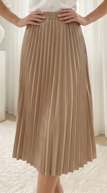 fusta-midi-plisata-bej-camel-cu-talie-elastica