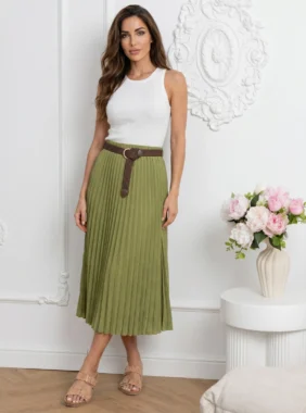 Fusta midi plisata cu curea impletita