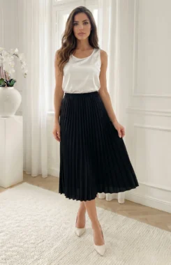 Fusta midi plisata neagra cu talie elastica