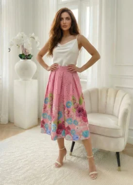 Fusta midi roz cu imprimeu floral si talie elastica