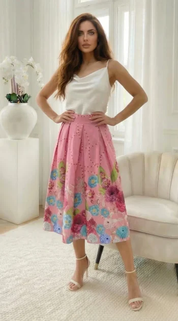 fusta-midi-roz-cu-imprimeu-floral-si-talie-elastica