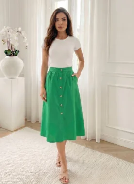 Fusta midi verde din bumbac cu nasturi frontali