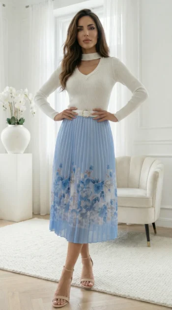 fusta-plisata-albastra-cu-imprimeu-floral-si-curea-inclusa