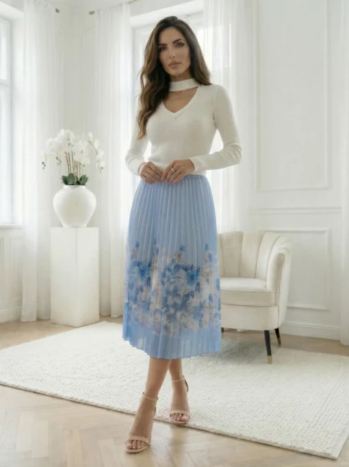 fusta-plisata-albastra-cu-imprimeu-floral-si-curea-inclusa