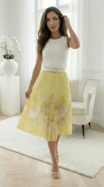 fusta-plisata-galbena-cu-imprimeu-floral-si-curea-inclusa